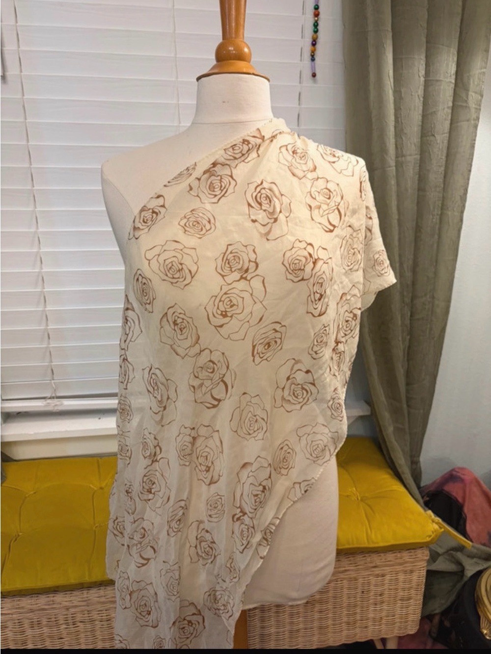 Sheer Rose Print Scarf/Shawl in Cream and Brown